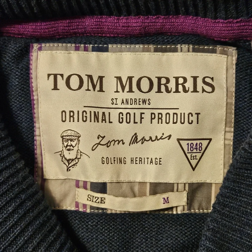 Tom Morris St Andrews Mens Medium Cotton Shawl Collar Cardigan Sweater Blue Gold